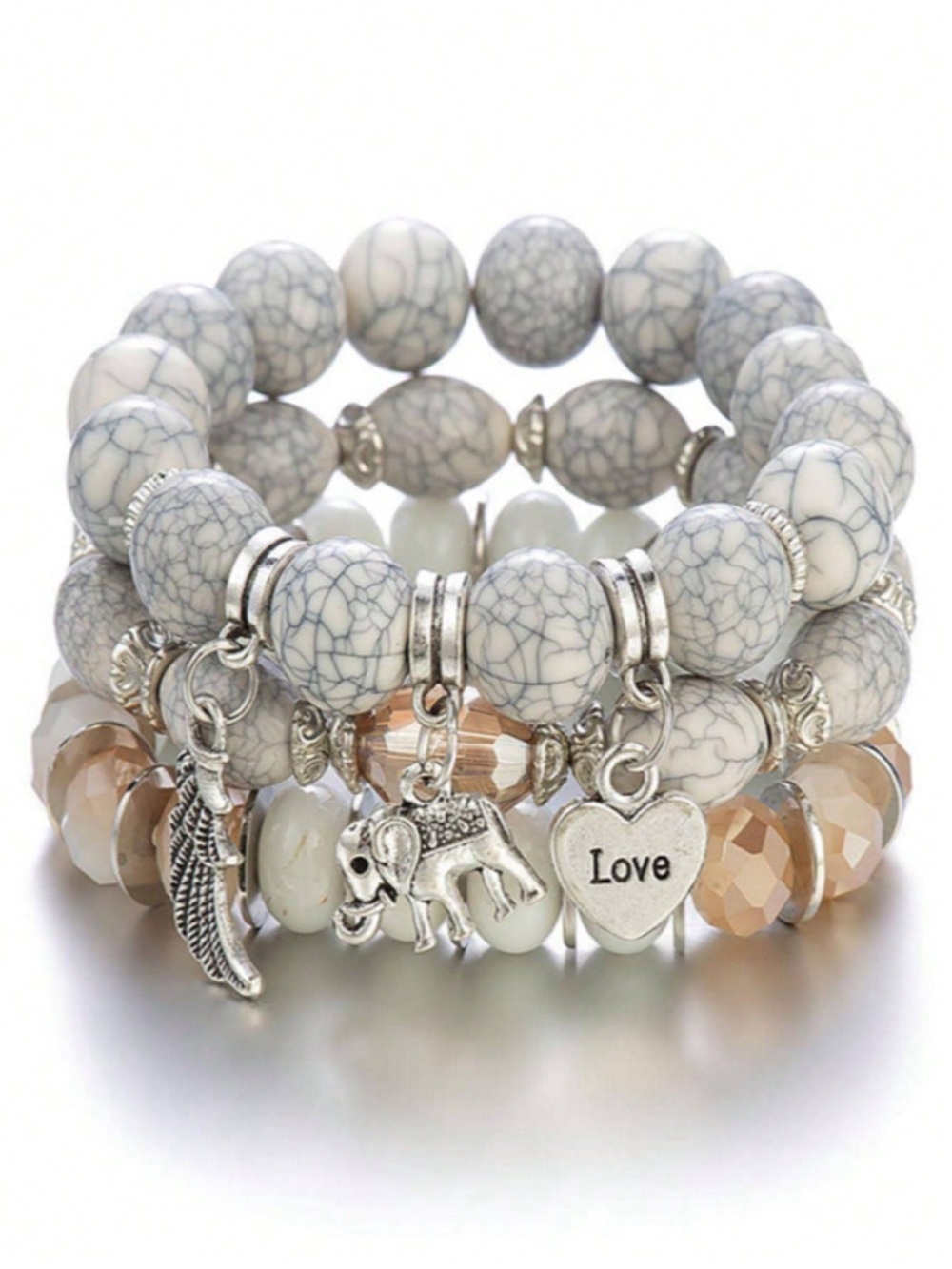 Stackable White Crackle Bead Charm Bracelet Set - Love Elephant Wing Charms
